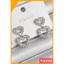 Havor Zirkon Taşlı Kalp Şekilli Kadın Küpe Pirinç Gümüş Renk