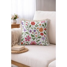 Hanna Home Dekoratif Kırlent Kılıfı Çiçek Desenli Kanepe Dekorasyonu Saçaklı Kırlent Kılıfı 43X43 cm