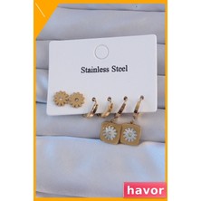 Havor Zirkon Taşlı Sedefli Papatya Desenli Halka Küpe Seti