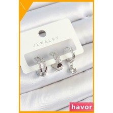 Havor Zirkon Taşlı Pirinç 3'lü Küpe Seti Gümüş Renk