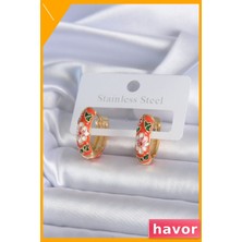 Havor Pirinç Malzeme Turuncu Renk Çiçek Desenli Kadın Küpe