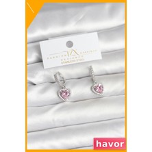 Havor Kalp Model Zirkon Taşlı Pirinç Küpe Pembe Gümüş Renk