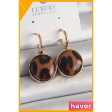 Havor Leopar Desenli Daire Form Kadın Küpe Pirinç Malzeme
