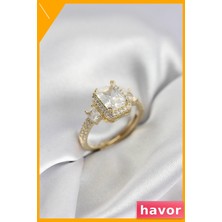Havor Ayarlanabilir Pirinç Yüzük Zirkon Taşlı Kare Baget Tasarım