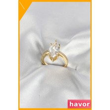 Havor Markiz Kesim Zirkon Taşlı Ayarlanabilir Pirinç Yüzük Altın Rengi