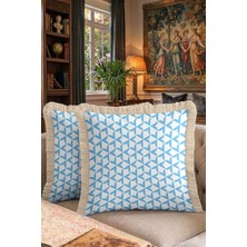 Hanna Home Kırlent Kılıfı Mavi Geometrik Desen Saçaklı Kırlent Kılıfı Saçaklı Kırlent Oturma Odası Kırlenti 43X43 cm