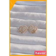Havor Pirinç Kalp Şekilli Fiyonk Detaylı Küpe Zirkon Taşlı