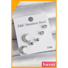 Havor Zirkon Taşlı Hilal Desenli Kararmaz Çelik Küpe Çifti