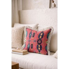 Hanna Home Kırlent Kılıfı Etnik Tüy Desenli Dekoratif Yastık Kılıfı Saçaklı Kırlent Salon Koltuk Yastığı 43X43 cm