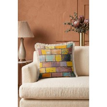 Hanna Home Saçaklı Yastık Kılıfı Kırlent Kılıfı Renkli Taş Duvar Desenli Dekoratif Kırlent Kılıfı Oturma Odası Kırlenti 43X43 cm