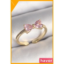 Havor Pembe Zirkon Taşlı Kalp Fiyonk Desenli Ayarlanabilir Kadın Yüzüğü