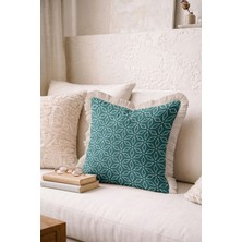 Hanna Home Dekoratif Yastık Kılıfı Turkuaz Geometrik Desenli Saçaklı Kırlent Oturma Odası Kırlenti 43X43 cm