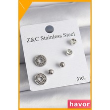 Havor Zirkon Taşlı Labirent Desenli Kararmaz Çelik Küpe Seti
