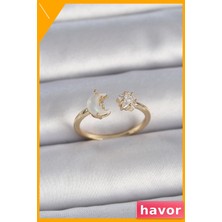Havor Ayarlanabilir Hilal Desenli Kadın Yüzüğü Zirkon Taş Detaylı
