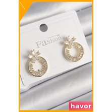 Havor Zirkon Taşlı Çiçek Figürlü Kadın Küpe Pirinç Malzeme