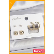 Havor Zirkon Taşlı Pirinç Burgu Halka Kare Detaylı Kadın Küpeleri