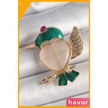 Havor Pirinç Kalp Şekilli Kuş Detaylı Kadın Broş Zirkon Taşlı