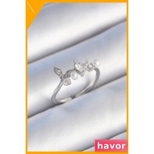 Havor Zirkon Taşlı Kalp Yaprak Desenli Inci Detaylı Kadın Yüzüğü