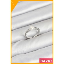 Havor Ayarlanabilir Pirinç Yüzük Gümüş Renginde Inci Detaylı