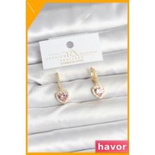 Havor Kalp Model Zirkon Taşlı Pirinç Küpe Pembe Renk Kadın