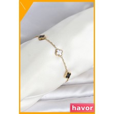 Havor 316L Çelik Gold Renk Siyah Beyaz Baby Yonca Model Kadın Bileklik