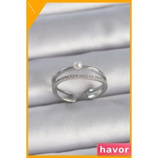 Havor Zirkon Taşlı Inci Detaylı Ayarlanabilir Kadın Yüzüğü