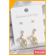 Havor Zirkon Taşlı Incili Sallantılı Pirinç Küpe Seti 3 Çift