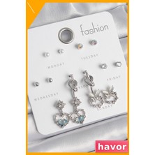 Havor Zirkon Taşlı Kalp Desenli Pirinç Kadın Küpeleri 7 Çift Set