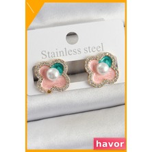 Havor Pembe Mineli Yonca Desenli Zirkon Taşlı Kadın Küpe