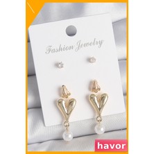 Havor Zirkon Taşlı Incili Kalp Desenli 3 Çift Küpe Seti