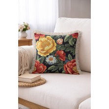 Hanna Home Dekoratif Yastık Kılıfı Kırlent Kılıfı Canlı Çiçek Desenli Kanepe Dekorasyonu Saçaklı Kırlent Kılıfı 43X43 cm
