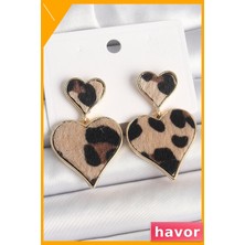 Havor Pirinç Sallantılı Leopar Desenli Kalp Şekilli Kadın Küpeleri
