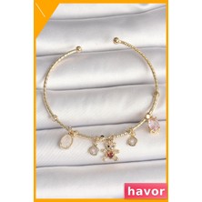 Havor Pirinç Ayıcık Figürlü Zirkon Taşlı Kırmızı Kalp Bileklik