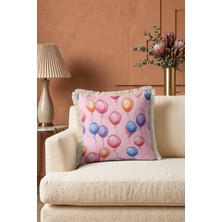 Hanna Home Dekoratif Yastık Kılıfı Pastel Pembe Dekoratif Balon Desenli Saçaklı Kırlent Salon Koltuk Yastığı 43X43 cm