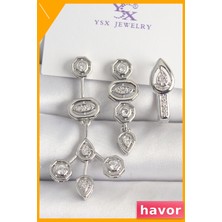 Havor Geometrik Desenli Zirkon Taşlı 3 Parça Kadın Küpe Seti