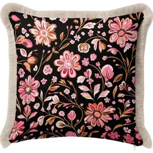 Hanna Home Saçaklı Yastık Kılıfı Dekoratif Çiçek Desenli Kırlent Kılıfı Salon Koltuk Yastığı 43X43 cm