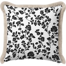 Hanna Home Saçaklı Kırlent Kılıfı Krem Beyaz Çiçek Desenli Kırlent Kılıfı Oturma Odası Kırlenti 43X43 cm