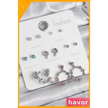 Havor Zirkon Taşlı Gül Desenli Pirinç Kadın Küpe Seti 7 Çift