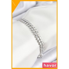 Havor Zirkon Taşlı Pirinç Kadın Bilekliği Çift Sıra Asansörlü
