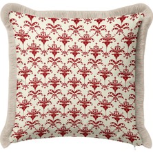 Hanna Home Dekoratif Yastık Kılıfı Krem Zeminli Kırmızı Damask Desenli Oturma Odası Kırlenti Saçaklı Kırlent Kılıfı 43X43 cm