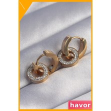 Havor Zirkon Taşlı Iç Içe Geçmeli Oval Küpe Kararmaz Çelik