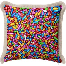 Hanna Home Saçaklı Kırlent Kılıfı Renkli Şekerleme Desenli Saçaklı Kırlent Salon Koltuk Yastığı 43X43 cm