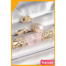 Havor Pirinç 3D Incili Figürlü Kadın Yüzük Seti 6 Parça