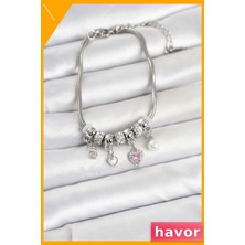 Havor Kalp Detaylı Pirinç Bileklik Gümüş Renk Kadın Takı