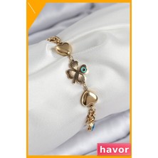 Havor Yonca Model 316L Çelik Nazar Boncuklu Bileklik Gold