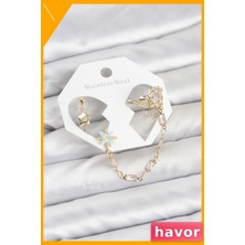 Havor Pirinç Zincir Bağlantılı Kulak Kıkırdağı Küpe Seti