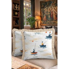 Hanna Home Saçaklı Kırlent Kılıfı Balıkçı Temalı Kırlent Kılıfı Kanepe Dekorasyonu 43X43 cm