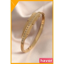 Havor Zirkon Taş Detaylı Kadın Bileklik Kararmaz Çelik Yaprak Model
