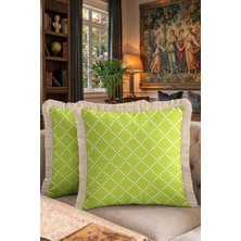 Hanna Home Dekoratif Kırlent Kılıfı Yeşil Kare Desenli Ev Dekorasyonu Saçaklı Kırlent Kılıfı 43X43 cm