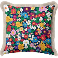 Hanna Home Çiçek Desenli Saçaklı Kırlent Kılıfı Yastık Kılıfı Oturma Odası Kırlenti 43X43 cm